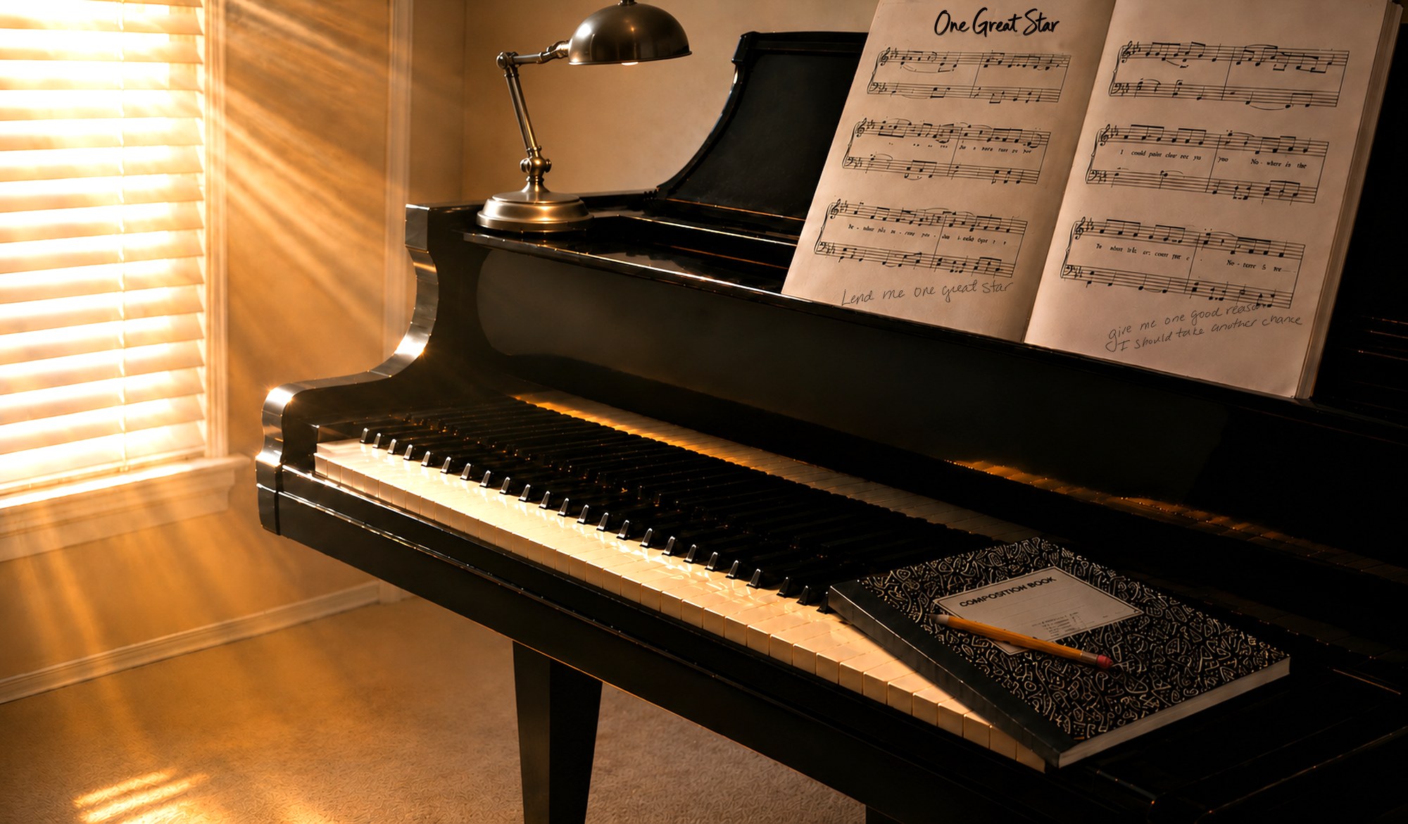 A grand piano beside a sunlit window and the score for One Great Star